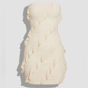 Oh Polly Strapless Ruffle Bodycon Dress in Soft Cream / Fuchsia / Light Blue